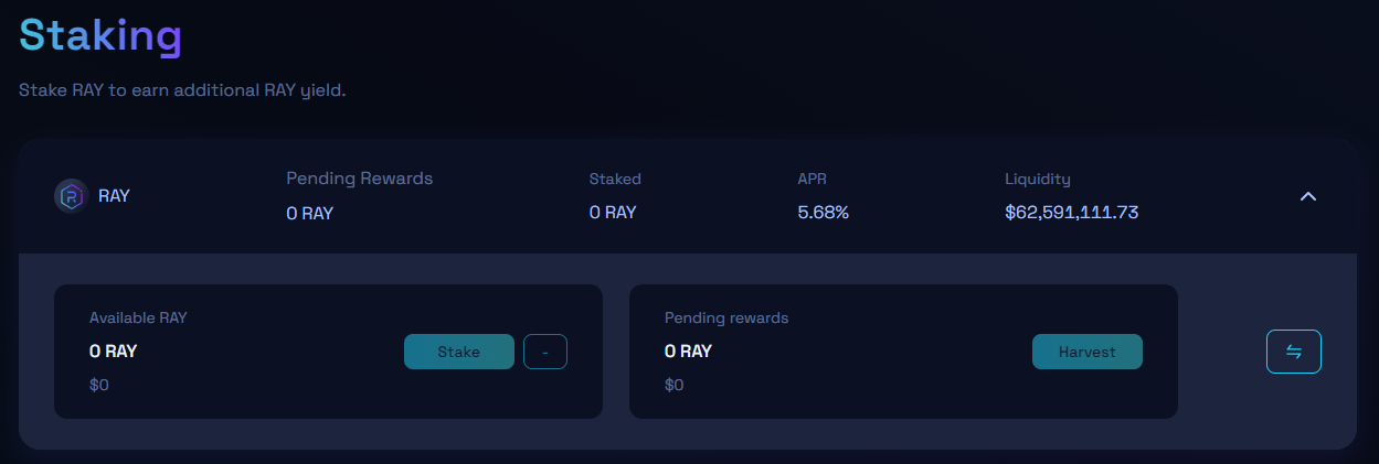 Màn hình giao diện staking RAY