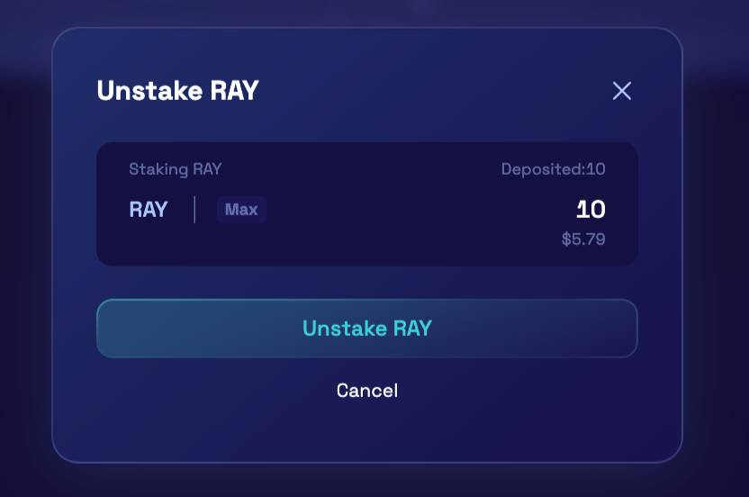 Giao diện unstake RAY