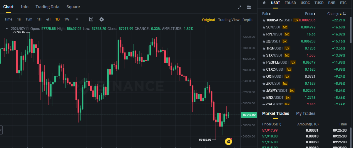 Biểu đồ giá Bitcoin (BTC) trên khung ngày (D1) & các đồng coin trong top gainers sàn Binance