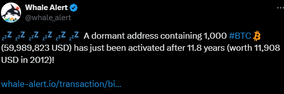 Nền tảng Whale Alert cảnh báo về động thái “thức giấc” của một địa chỉ ví Bitcoin lâu đời