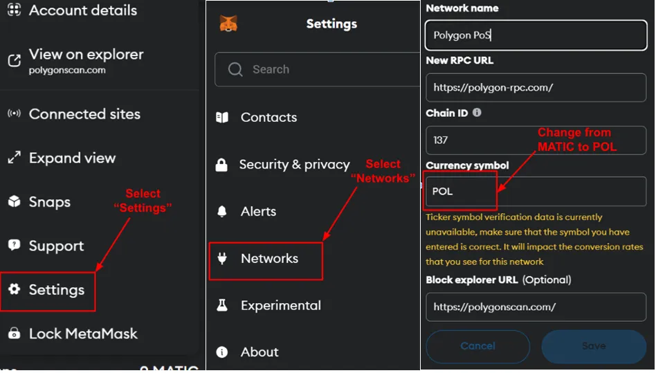 Các bước cập nhật trên MetaMask để đảm bảo việc chuyển đổi từ $MATIC sang $POL diễn ra suôn sẻ (nguồn: Polygon)