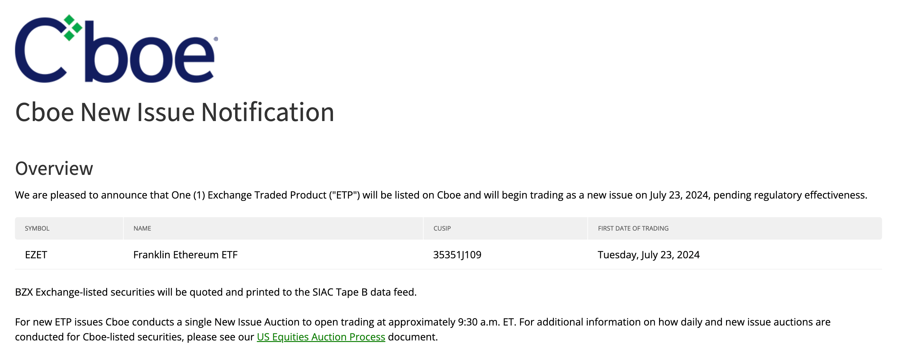 Sàn Cboe thông báo thời gian niêm yết các quỹ giao dịch Spot ETH ETF