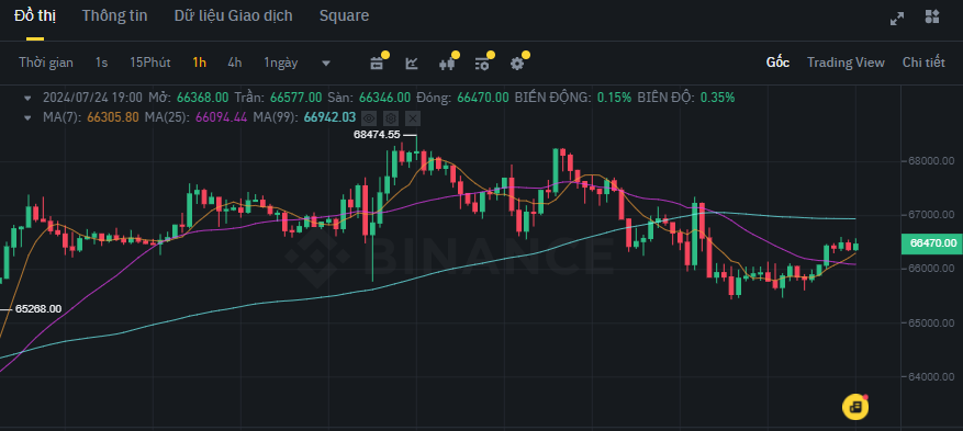 Biểu đồ giá Bitcoin (BTC) tren khung 1 giờ (1H)