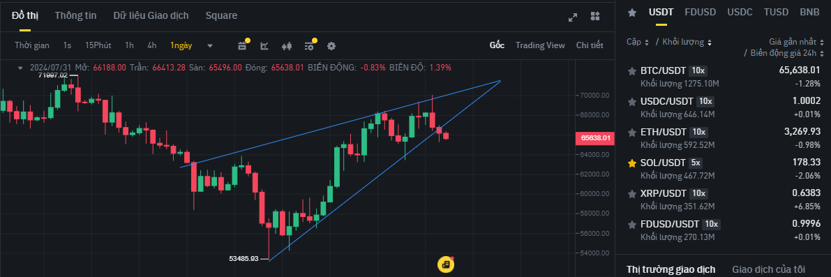 Biểu đồ giá Bitcoin (BTC) trên khung ngày (D1) và hiệu suất của các đồng coin có khối lượng giao dịch cao nhất trên sàn Binance