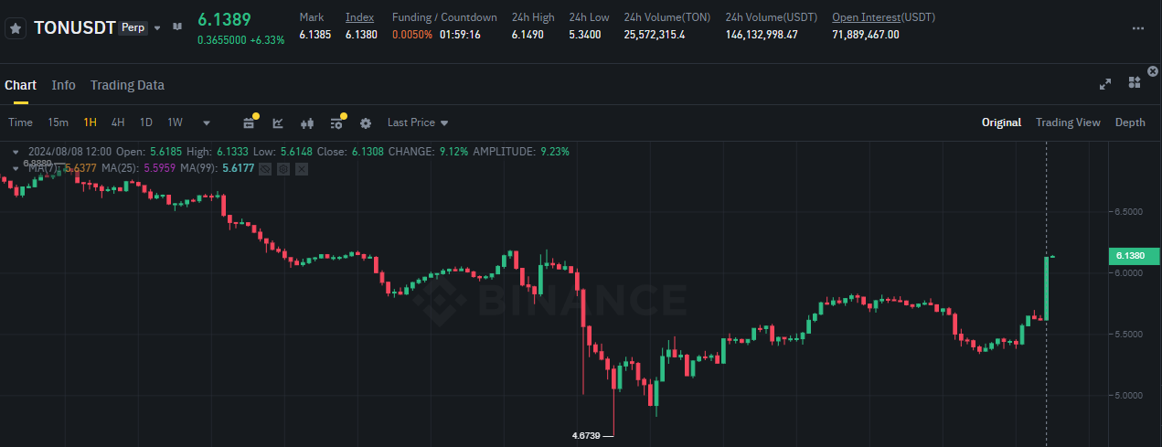 Biểu đồ giá token TON (Toncoin) khung 1 giờ (1H) trên mục Binance Futures