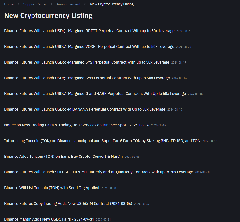 Các thông báo mới nhất về việc niêm yết các đồng coin trên sàn Binance - nguồn: Binance Announcement