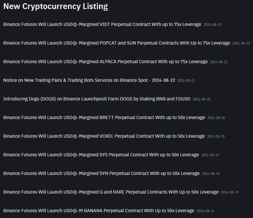 Các thông báo mới nhất về việc niêm yết các đồng coin trên sàn Binance - nguồn: Binance Announcement