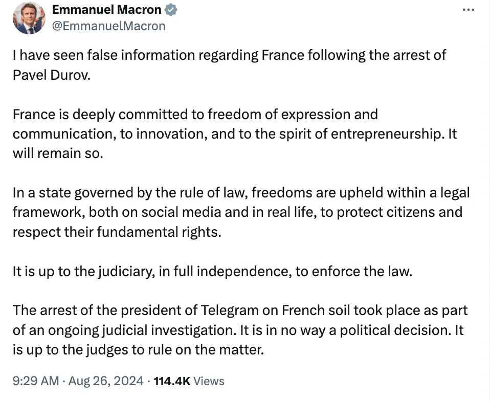 Phát ngôn của tổng thống Pháp Emmanuel Macron về vụ bắt giữ Pavel Durov - nguồn: X (Twitter)