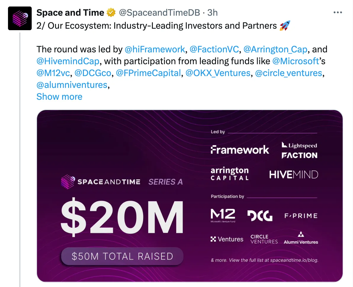 Thông báo về vòng gọi vốn thành công của Space and Time (SxT) - nguồn: X (Twitter)