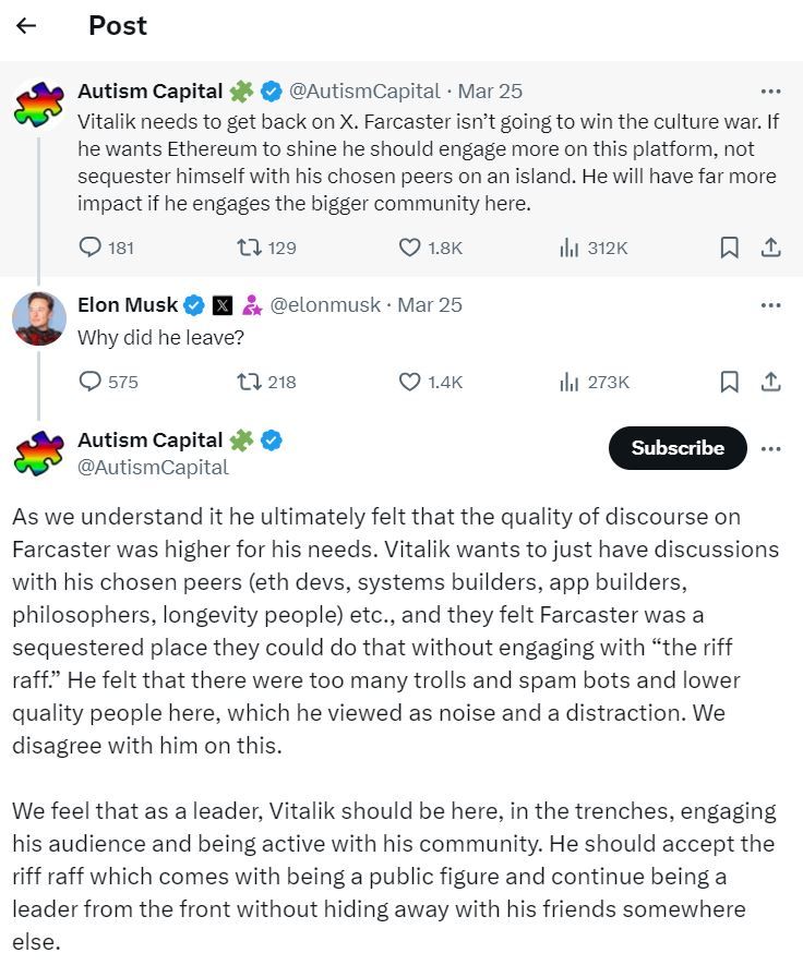 Người dùng Autism Capital kêu gọi Vitalik Buterin quay trở lại với X (Twitter)