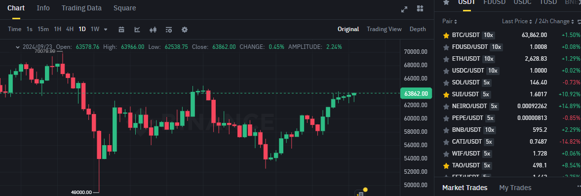 Biểu đồ giá của BTC (Bitcoin) trên khung ngày (D1) và các đồng coin có hiệu suất tốt nhất trên sàn BInance