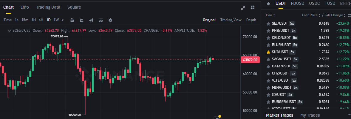 Biểu đồ giá BTC (Bitcoin) trên khung ngày (D1) và các đồng coin nằm trong top gainers sàn Binance