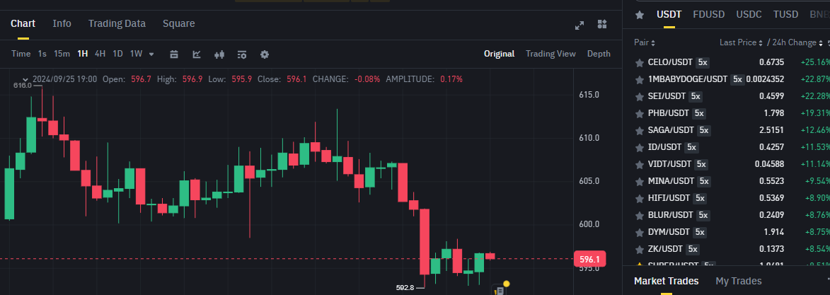 Biểu đồ giá của token BNB trên khung 1 giờ (1H) và các đồng coin nằm trong top gainers sàn Binance