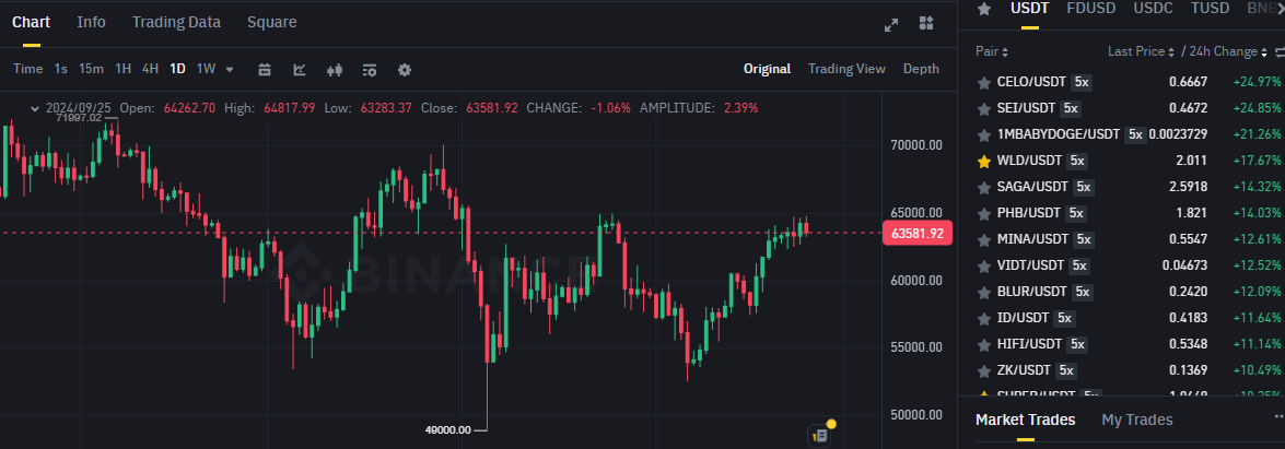 Biểu đồ giá BTC (Bitcoin) trên khung ngày (D1) và các đồng coin nằm trong top gainers sàn Binance