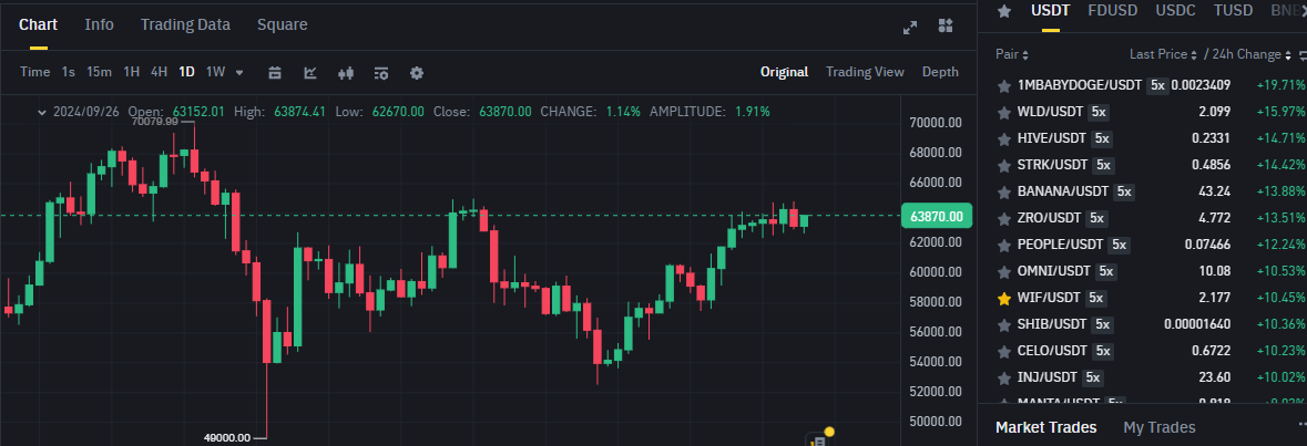 Biểu đồ giá của BTC (Bitcoin) trên khung ngày (D1) và các đồng coin nằm trong top gainers sàn Binance