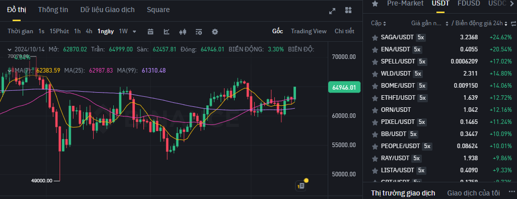 Biểu đồ giá của BTC (Bitcoin) trên khung ngày (D1) và các đồng coin nằm trong top gainers sàn Binance