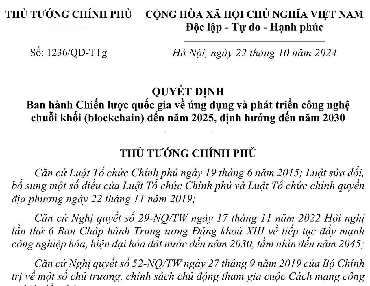 Quyết định ban hành Chiến lược Blockchain Quốc Gia vào ngày 22/10/2024 - nguồn: Thủ tướng Chính phủ