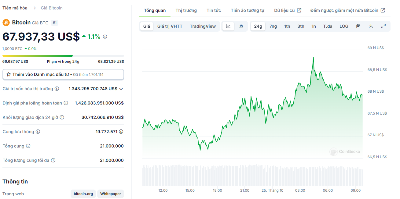 Biểu đồ giá của BTC (Bitcoin) trong ngày 25/10/2024 - nguồn: CoinGecko