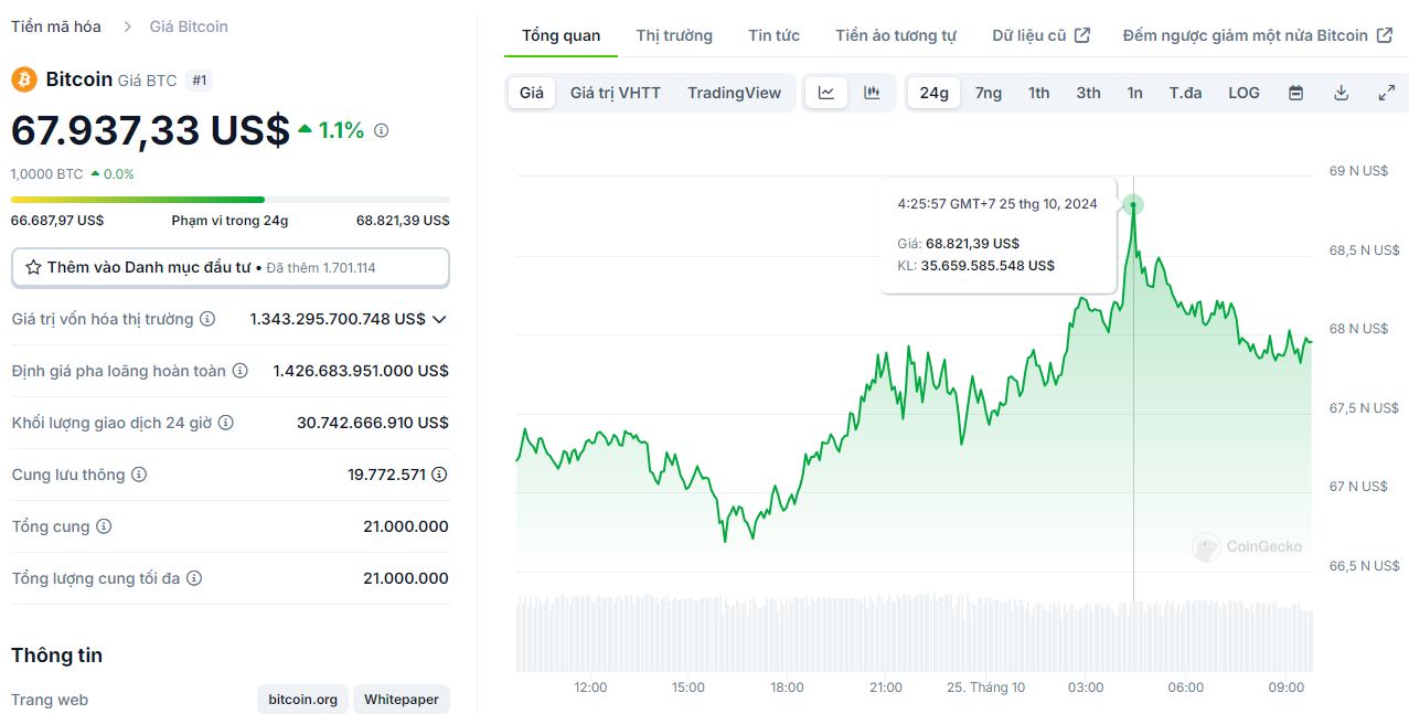 Biểu đồ giá của BTC (Bitcoin) trong ngày 25/10/2024 - nguồn: CoinGecko