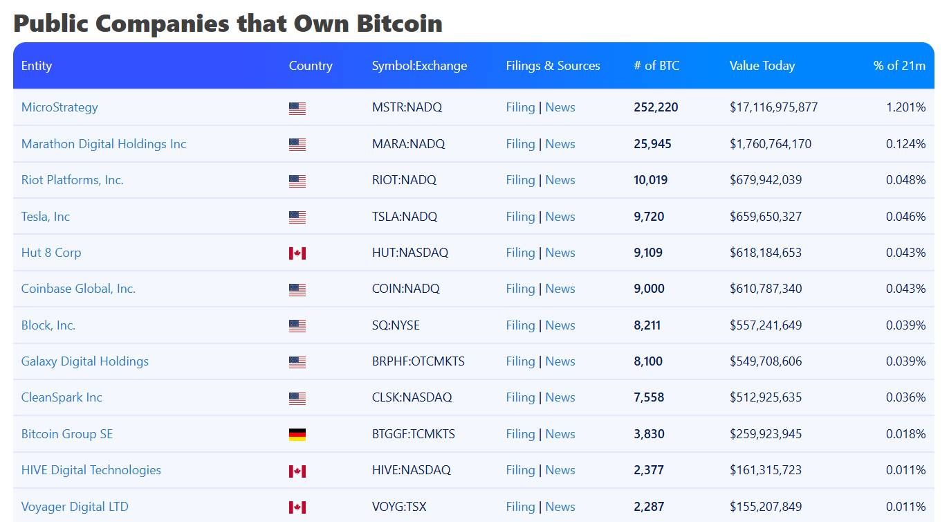 Bảng xếp hạng các công ty đại chúng (Public Company) nắm giữ nhiều BTC (Bitcoin) nhất trên thế giới tính đến ngày 25/10/2024 - nguồn: Bitcoin Treasuries