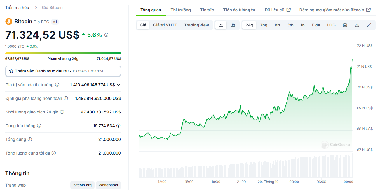 Biểu đồ giá của BTC (Bitcoin) trong ngày 29/10/2024 - nguồn: CoinGecko.