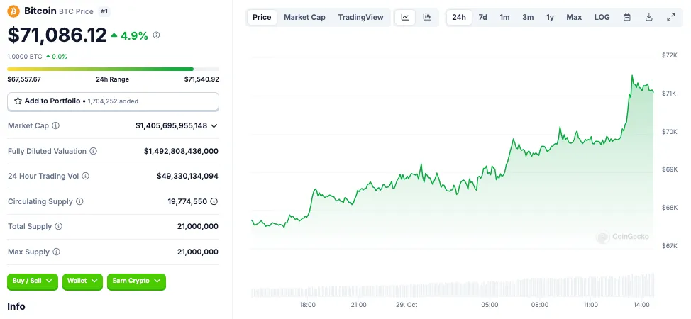 Biểu đồ giá của BTC (Bitcoin) trong ngày 29/10/2024 - nguồn: CoinGecko