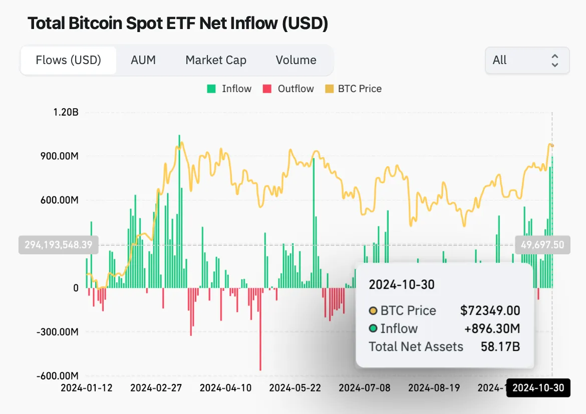 Biểu đồ thể hiện trực quan dòng vốn đổ vào các quỹ Spot BTC ETF tính đến ngày 30/10/2024 - nguồn: Coinglass