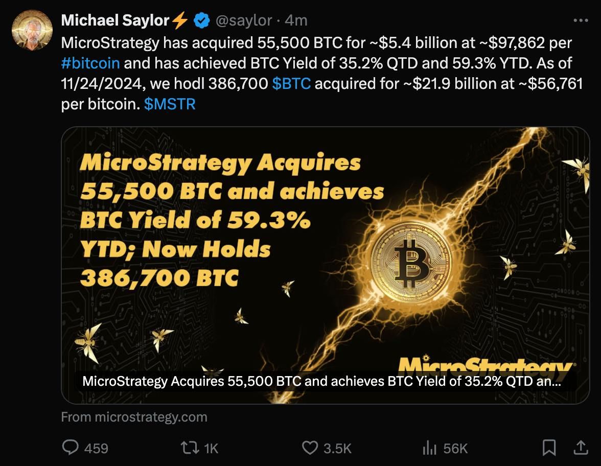 CEO MicroStrategy Michael Saylor cho biết công ty này đã mua thêm 5.4 tỷ USD Bitcoin trong tuần qua (18/11 - 24/11) - nguồn: X (Twitter)