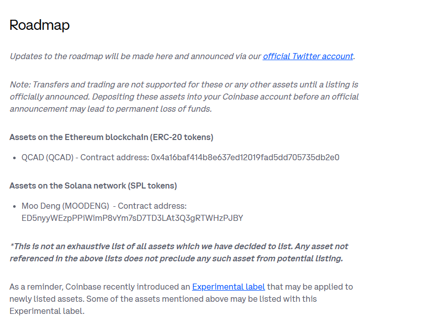 Thông báo đưa token MOODENG (Moo Deng) vào lộ trình niêm yết - theo trang web chính thức của Coinbase
