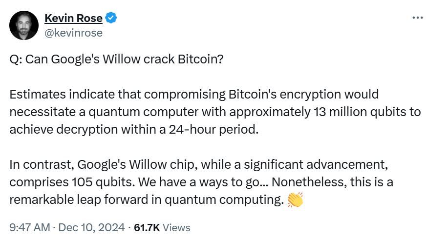 Chuyên gia công nghệ Kevin Rose cho rằng Willow còn lâu mới có thể phá vỡ được tính bảo mật của Bitcoin - nguồn: X (Twitter)