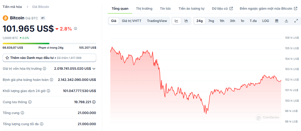 Biểu đồ giá của BTC (Bitcoin) trong ngày 19/12/2024 - nguồn: CoinGecko