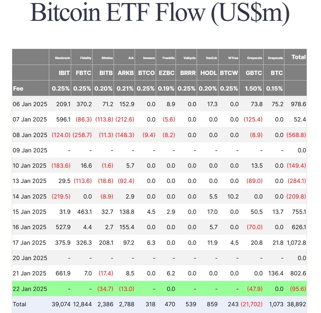 Thống kê dòng vốn đổ vào các quỹ Spot BTC ETF tại Mỹ theo từng ngày - nguồn: Farside Investors