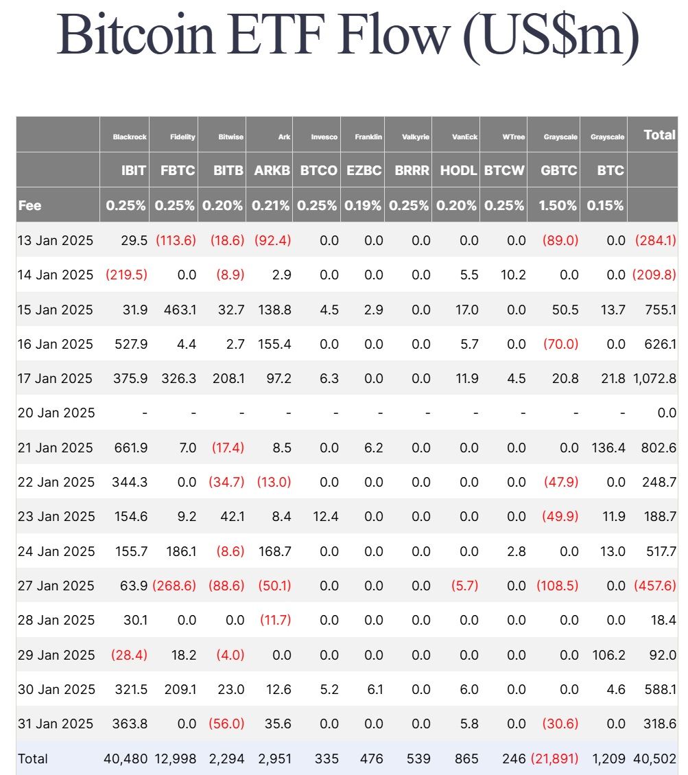 Thống kê về dòng tiền đổ vào các quỹ Spot BTC ETF tại Mỹ theo từng ngày - nguồn: Farside Investors