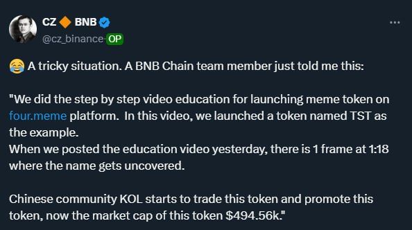 Cựu CEO Binance CZ đăng tải thông tin về token TST - nguồn: X (Twitter)