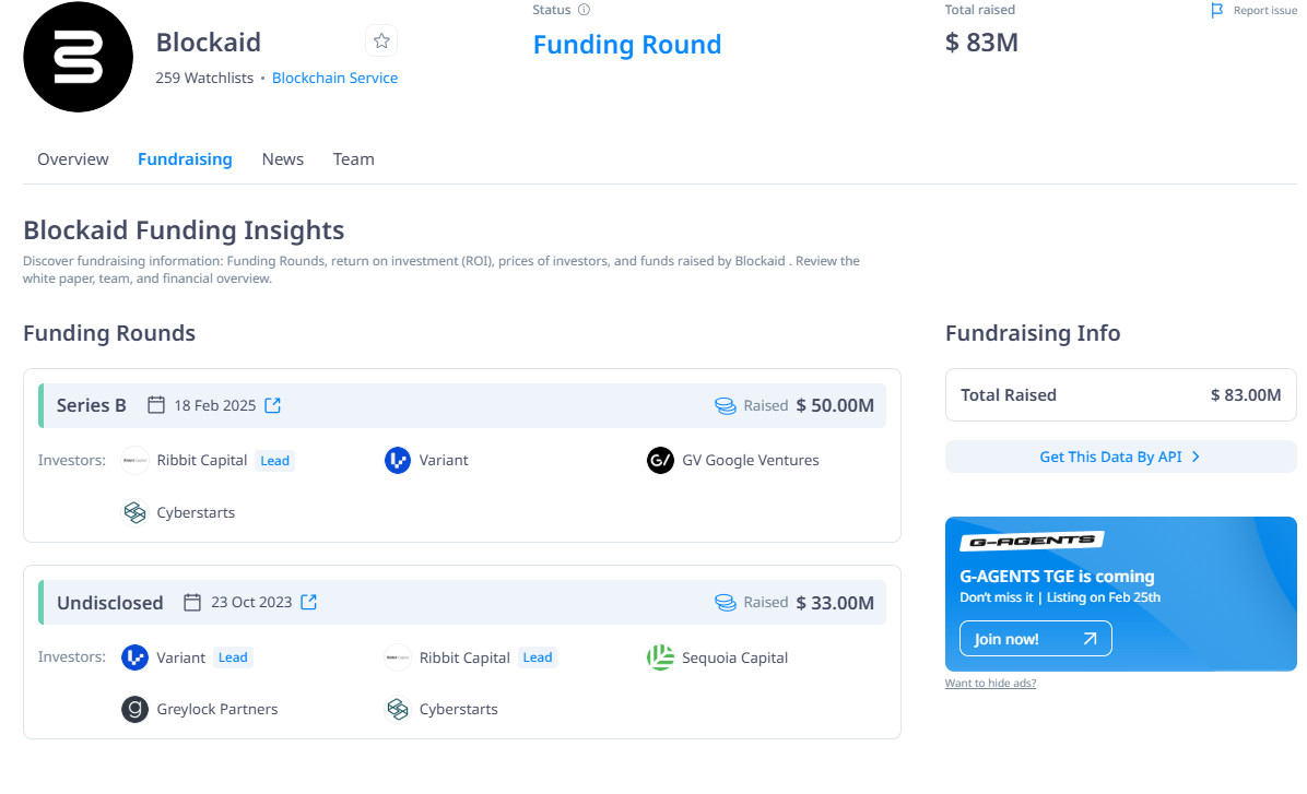 Thông tin về các vòng gọi vốn và các nhà đầu tư của Blockaid - theo CryptoRank