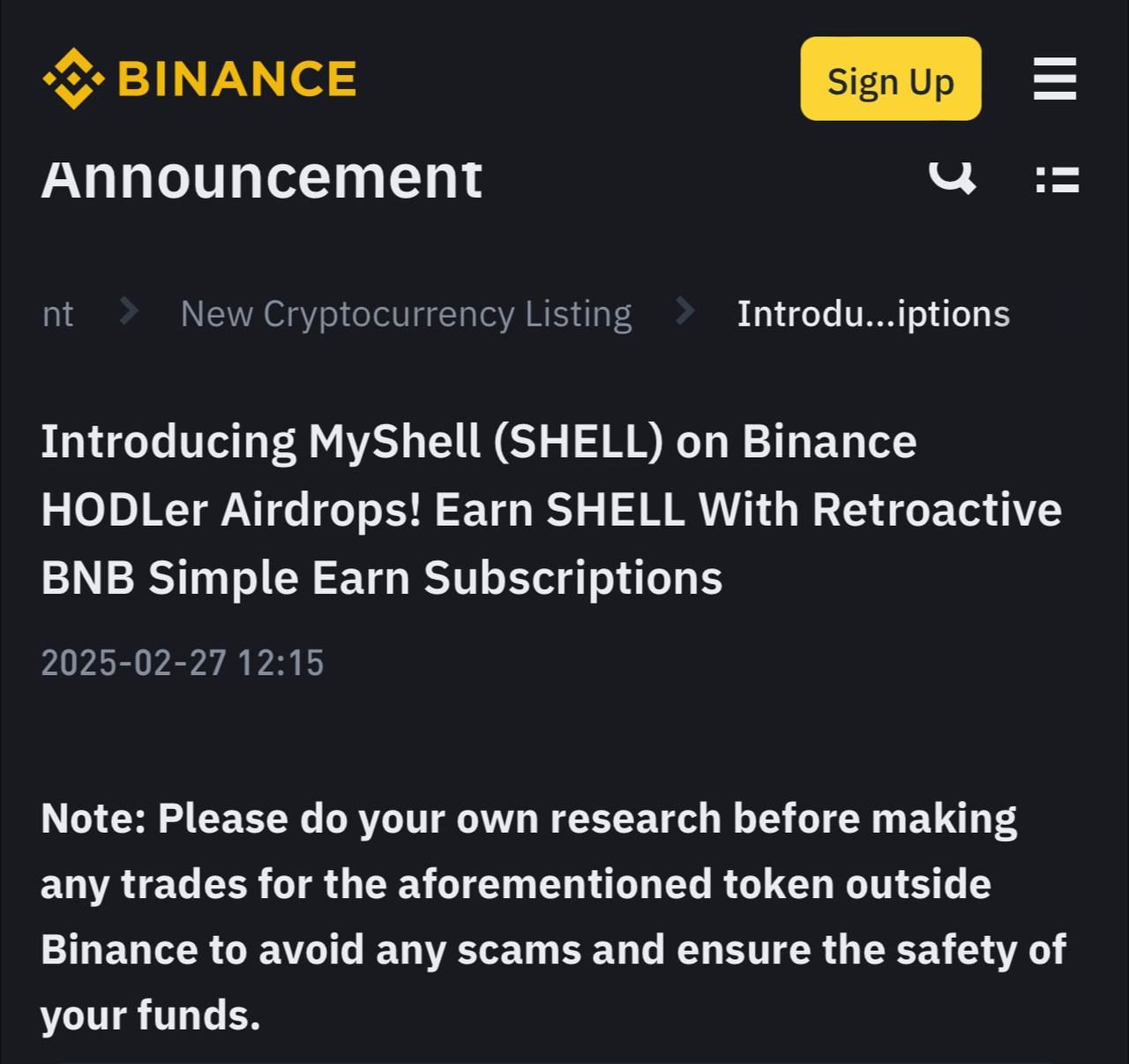 Sàn Binance thông báo niêm yết token SHELL của dự án AI MyShell