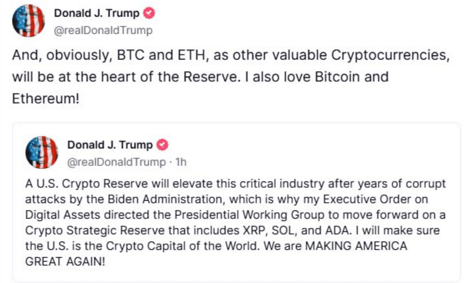 Ông Trump hé lộ sẽ còn nhiều đồng coin khác được thêm vào quỹ dự trữ Crypto của Mỹ - nguồn: Truth Social