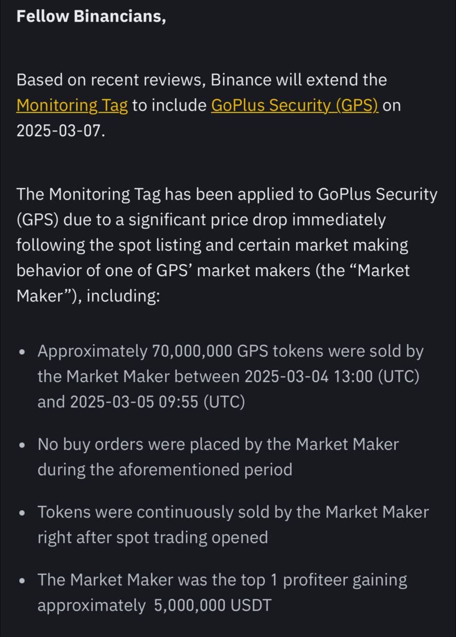 Sàn Binance thông báo gán thẻ Monitoring Tag với token GPS (GoPlus Security)