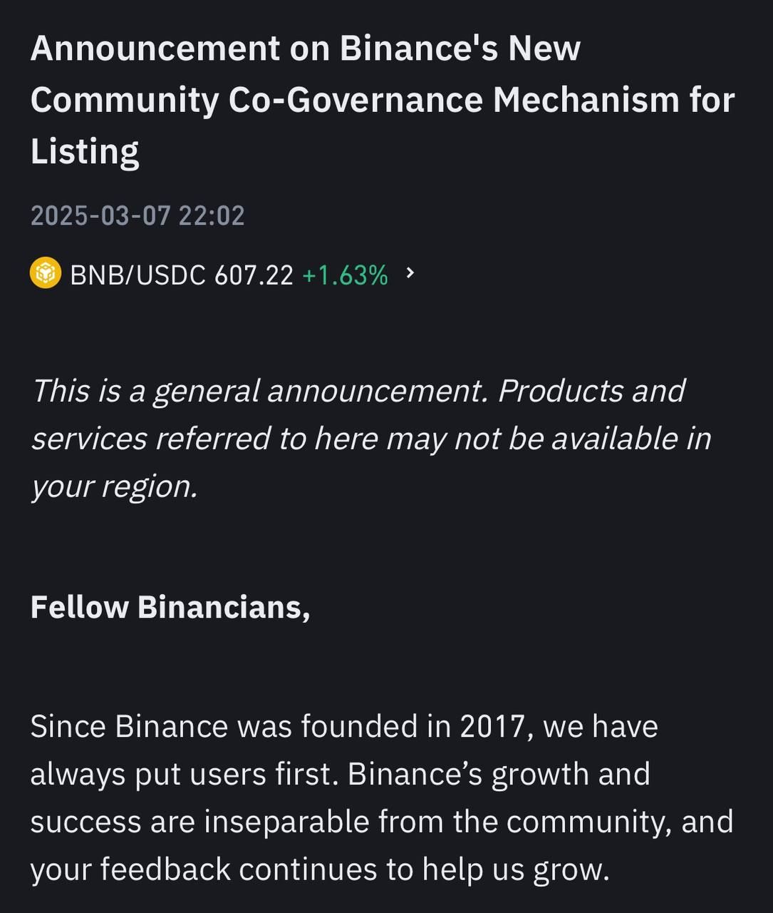 Sàn Binance thông báo cơ chế bỏ phiếu để quyết định token được niêm yết - nguồn: Binance Announcement