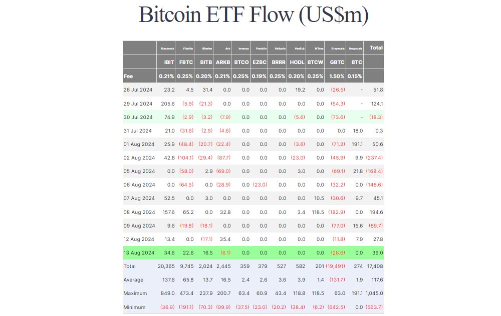 Thống kê về dòng vốn đổ vào các quỹ Spot BTC ETF hàng ngày (nguồn: Farside Investors)