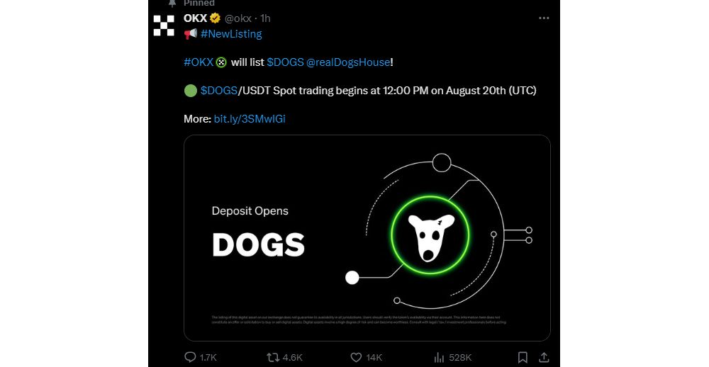 Thông báo niêm yết token DOGS vào ngày 20/08 của sàn OKX