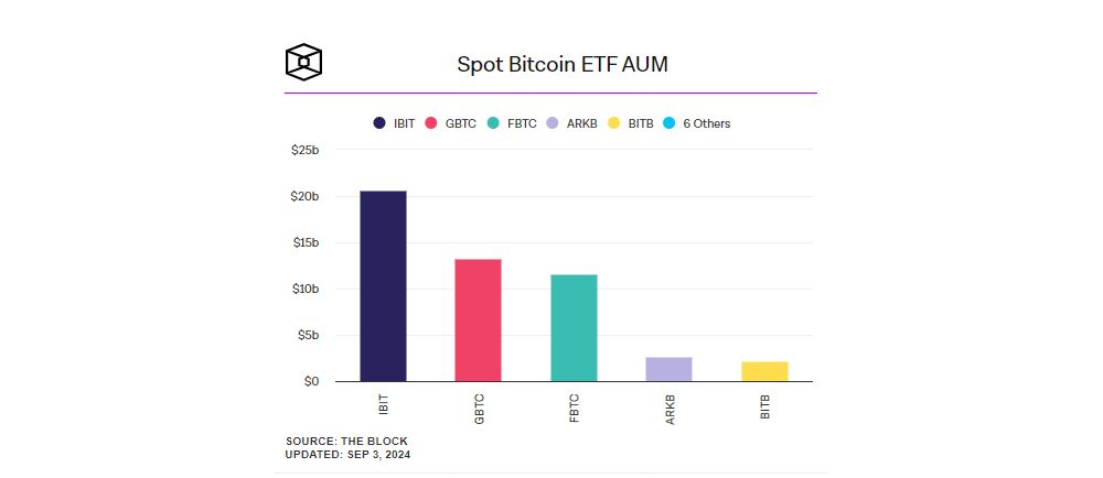 Khối tài sản đang được quản lý (AUM) của các quỹ Spot BTC ETF - nguồn: The Block