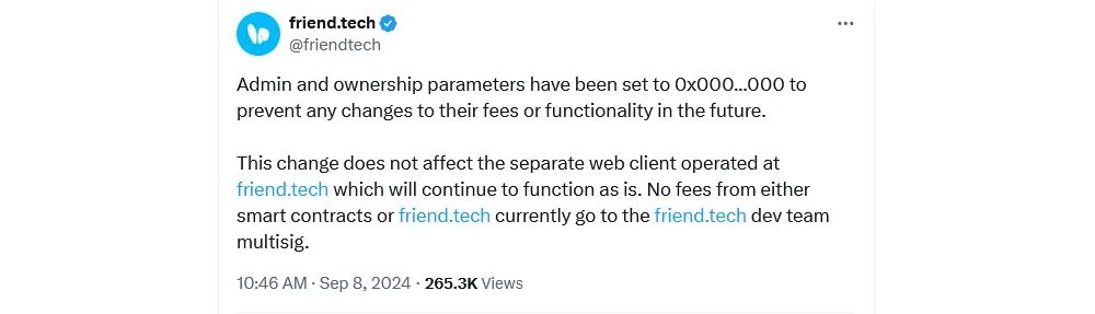 Thông báo từ bỏ quyền kiểm soát smart contract đến từ đội ngũ phát triển Friend.tech