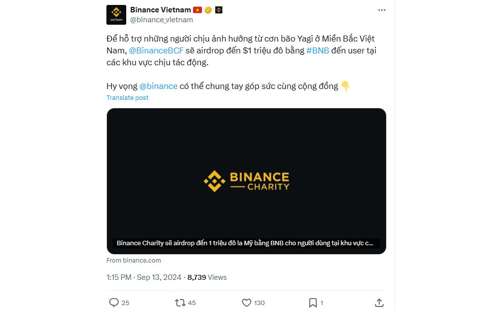 Thông báo của sàn Binance về việc hỗ trợ người dân bị ảnh hưởng bởi bão Yagi - nguồn:  X (Twitter)