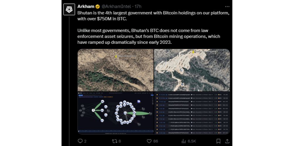 Theo cập nhật từ Arkham, Bhutan đã trở thành quốc gia nắm giữ lượng BTC lớn thứ 4 trên thế giới hiện nay