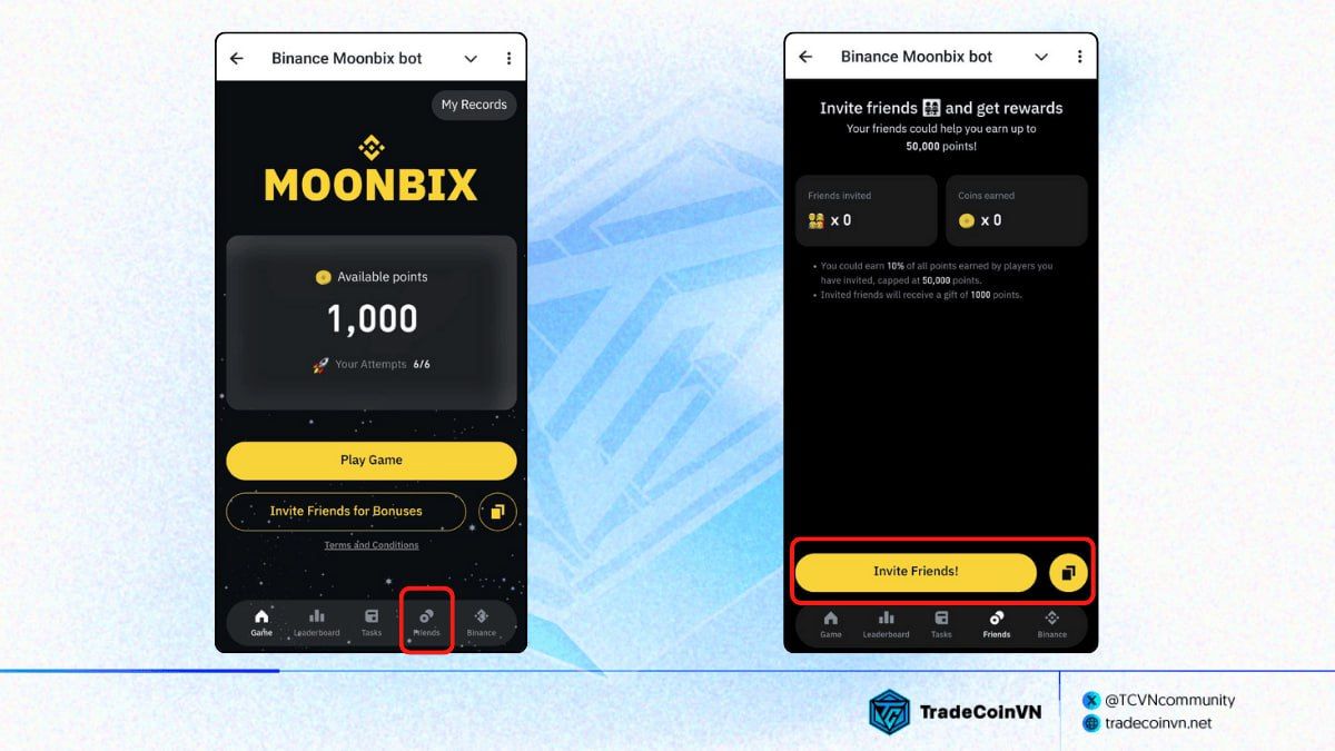 Mời bạn bè để kiếm point trên Moonbix