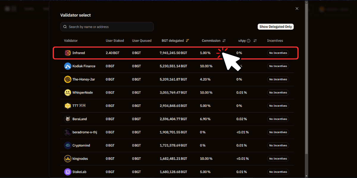 Chọn validator mà bạn muốn ủy quyền BGT token