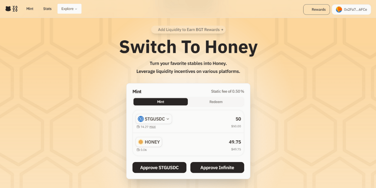 Mint HONEY bằng stablecoin đã swap ở nhiệm vụ trước