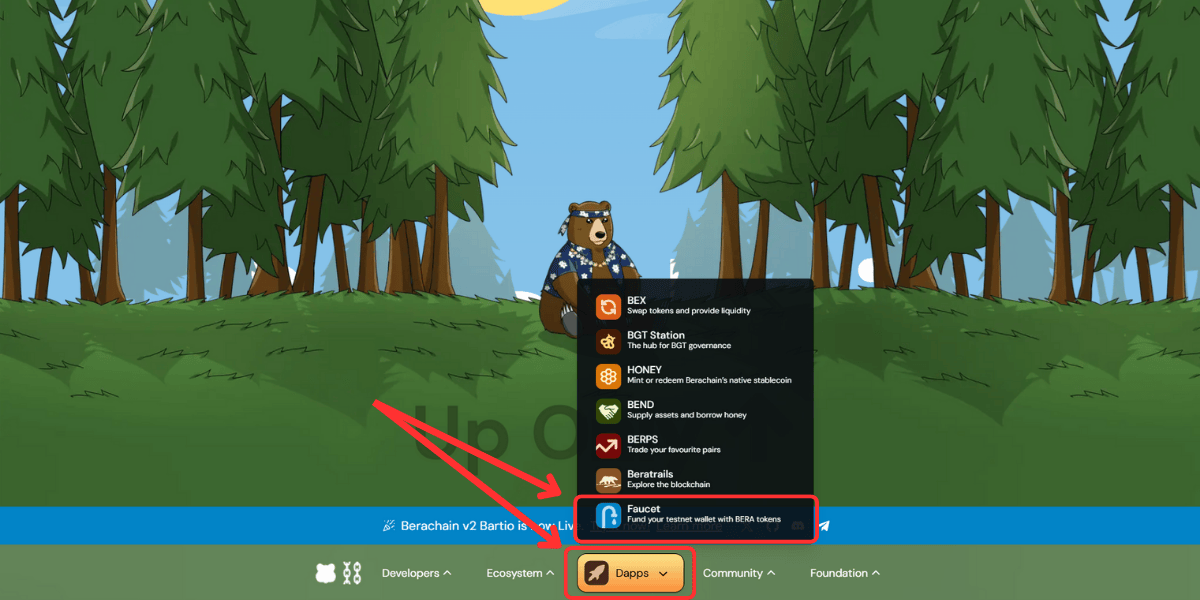Nhấn vào Dapps và chọn Faucet trên website của Berachain