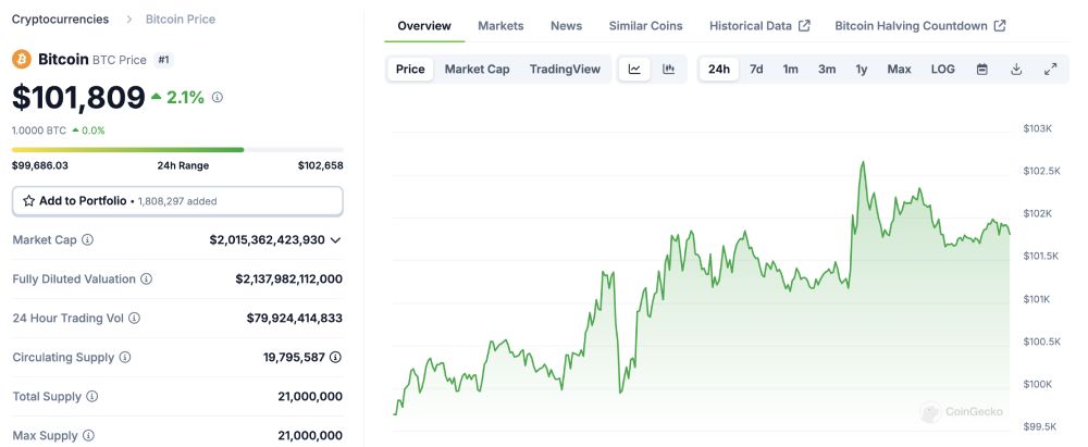 Biểu đồ giá của BTC (Bitcoin) trong ngày 13/12/2024 - Nguồn: CoinGecko